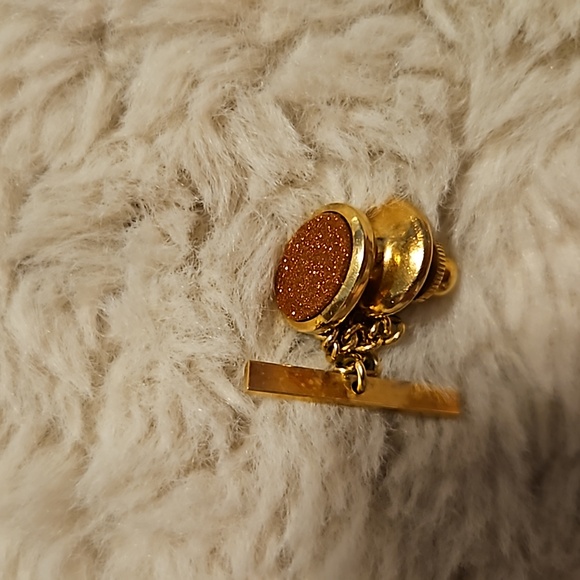 #0102 Tie Tac Pin Lapel Goldstone Gemstone Oval Gold Metal Vintage - Picture 4 of 5